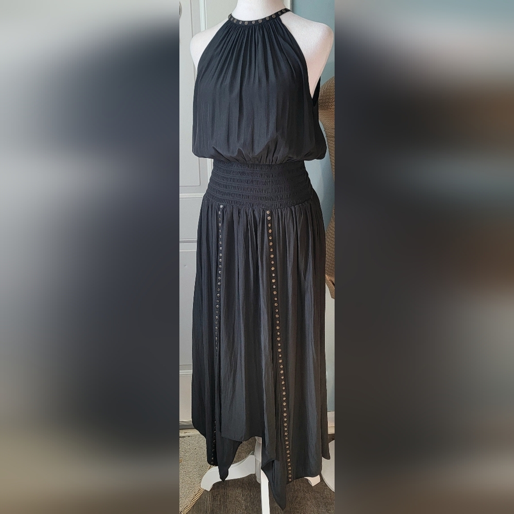 Ramy Brook Melly Halter Studded Asymmetric Maxi Dress Womens S Black Bronze Boho